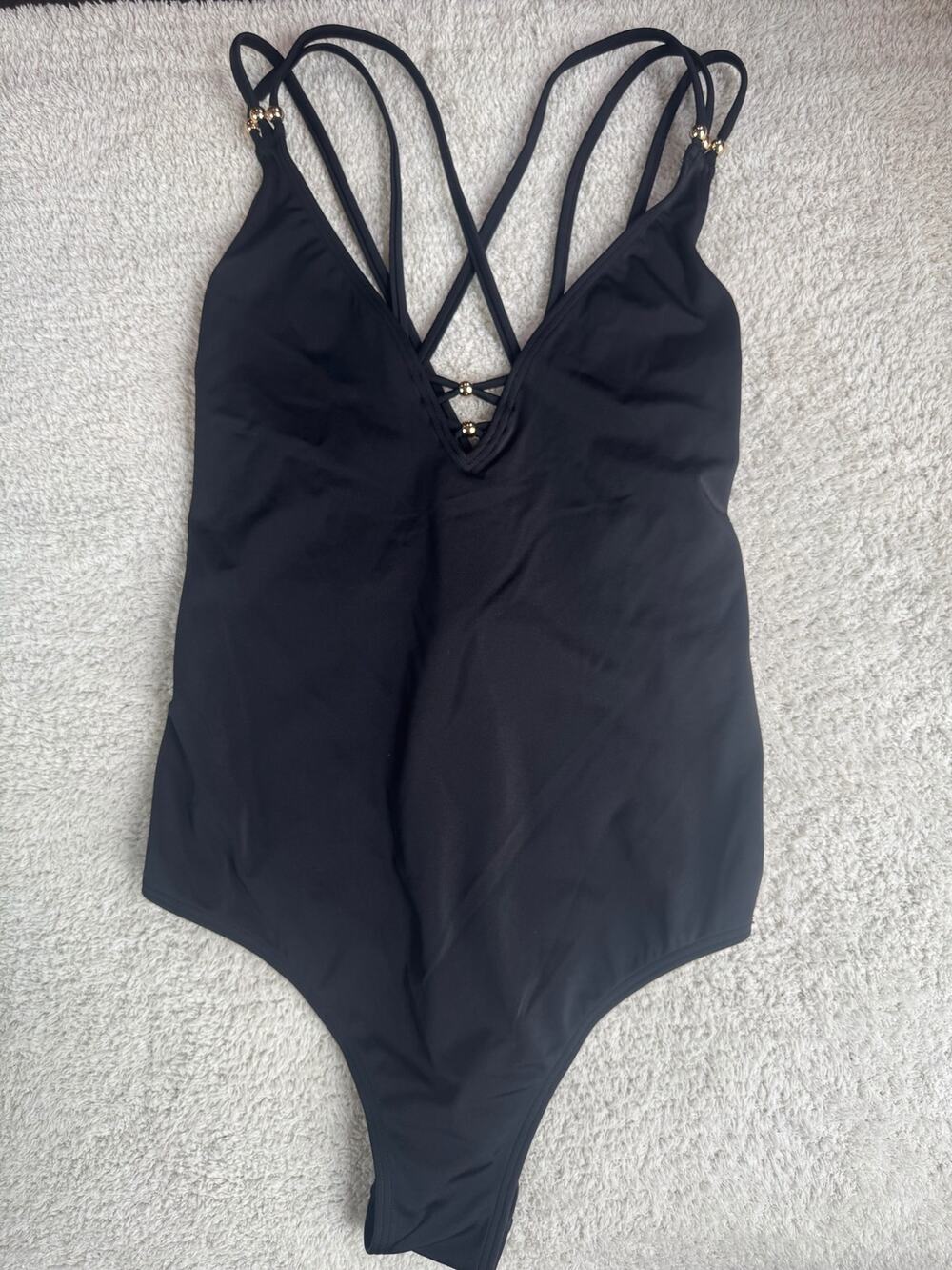 Sapph. Black One-Piece Swimsuit Strappy Crisscross Back Cut-Out Detail Size L